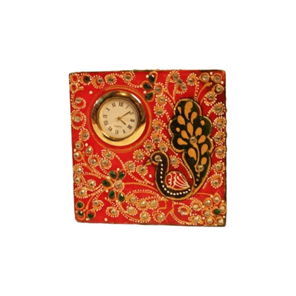 Square Marble Peacock Painted Decorative Marble Table Clock